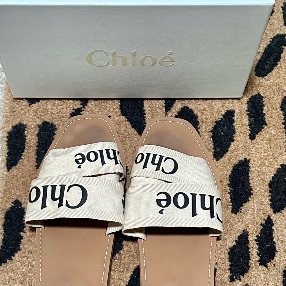 Chloe Woody Cream and Brown Slide Sandals with Wide Strap - Picture 2 of 6